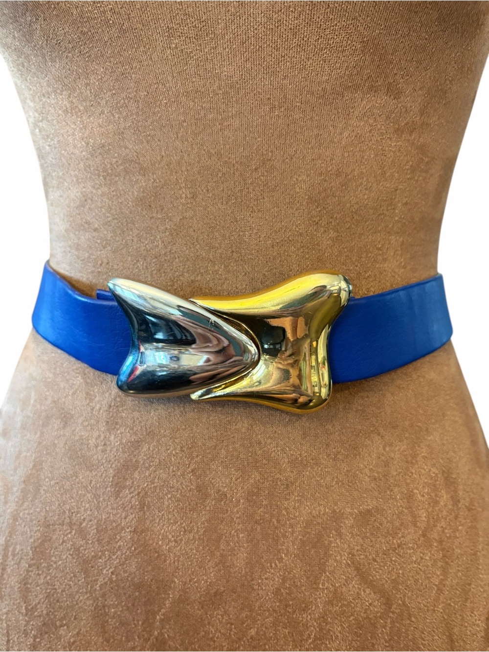 Faux Leather Waist Belt Cobalt Blue Silver Gold Buckle Up To 35” Nautical